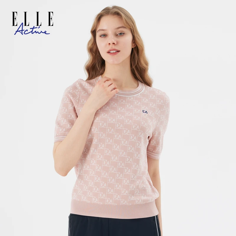 ELLE Active夏季提花针织衫休闲时尚毛织圆领套头粉色短袖上衣女