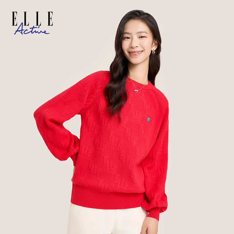 ELLE Active【正红】设计感字母提花圆领休闲宽松长袖针织衫毛衣女
