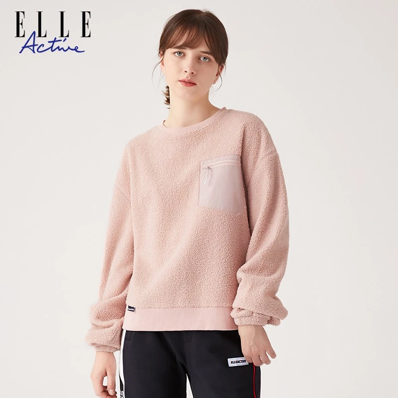 ELLE Active 春季新款圆领厚加绒时尚卫衣女宽松仿羊羔毛上衣长袖