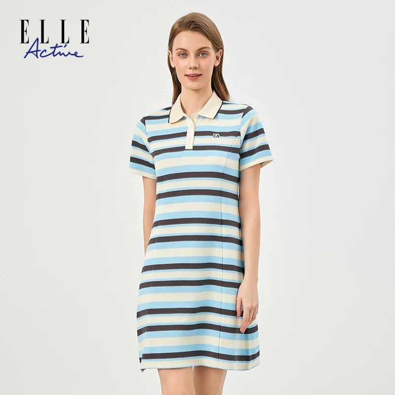 ELLE Active【柔软珠地】夏季新款polo翻领条纹休闲显瘦时尚连衣裙