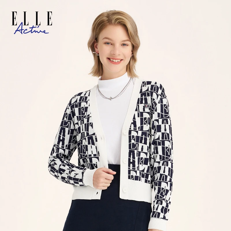 ELLE Active 新款开衫毛衣休闲舒适女士上衣长袖提花时尚秋季外套