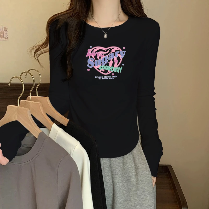 【LOVE❤】不加绒/加绒加厚圆领长袖打底衫女修身显瘦印花T恤上衣