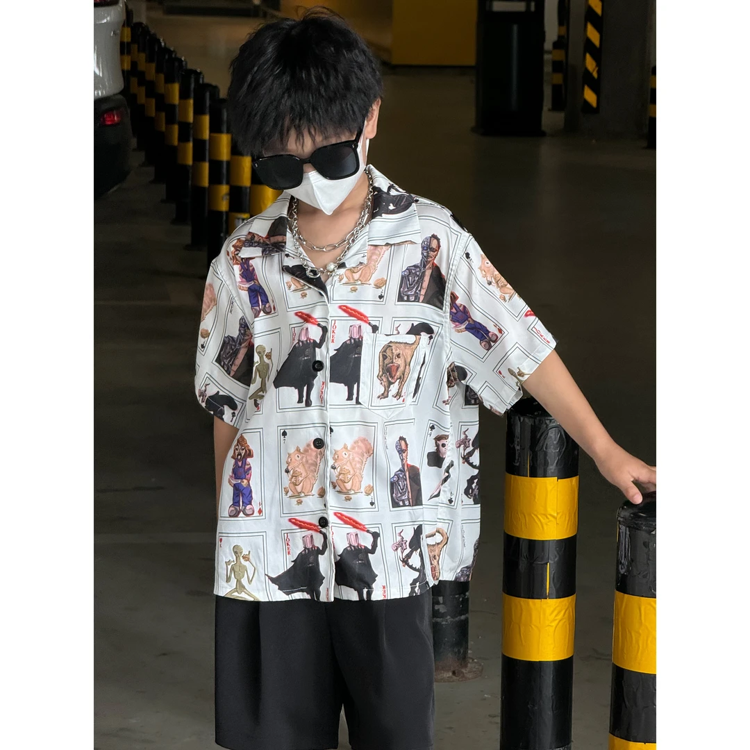 THE LUHAN【JOKER】美式休闲夏季宽松薄款满印中大男童短袖衬衫