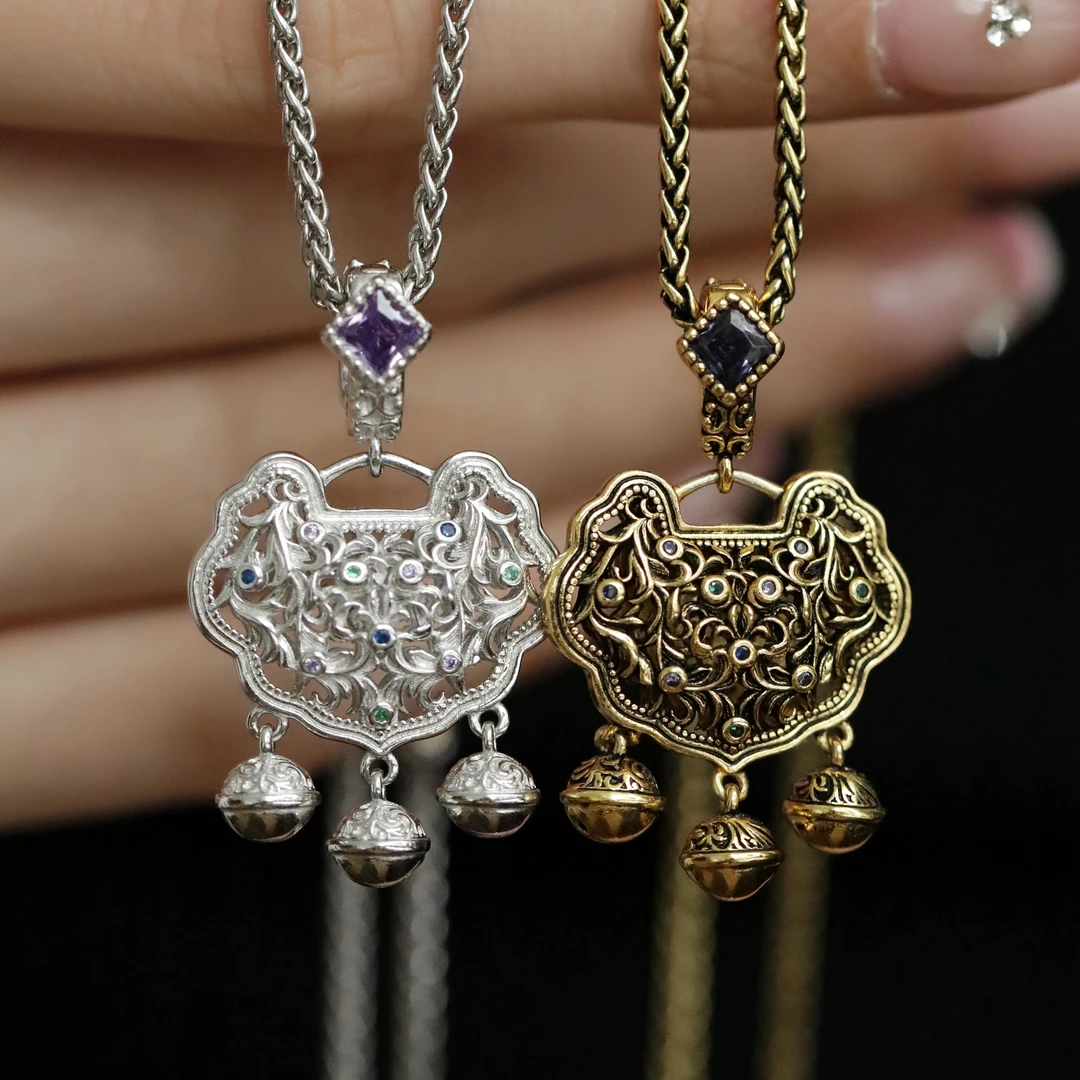 吊坠925银 M5128<卷草长命锁>唐草纹吉祥如意平安锁吊坠流苏项坠