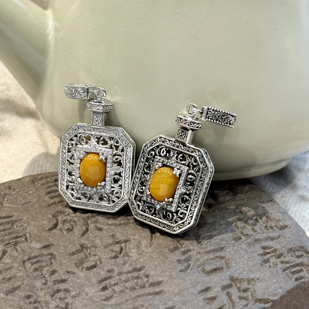 吊坠925银 M8072 黄色珠珠唐草纹方形盒子香水瓶吊坠