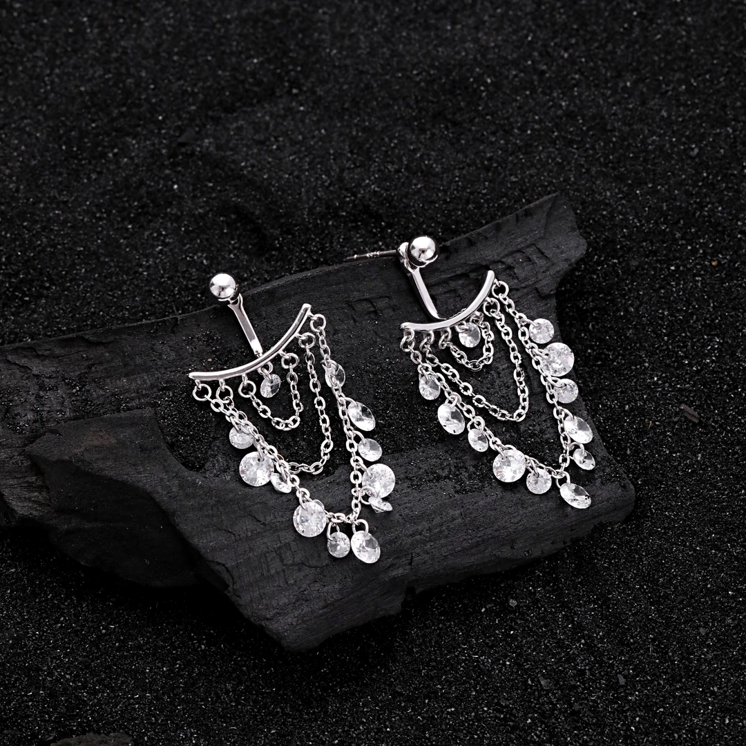 925银合成锆石耳饰 E24911<露珠>白锆流苏链条耳环