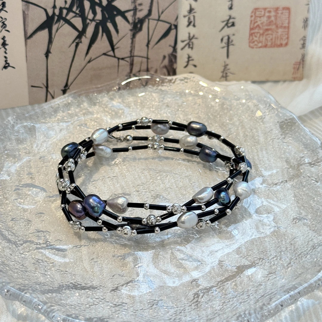链子925银 N17202 巴洛克珠珠银珠长管长项链双层链