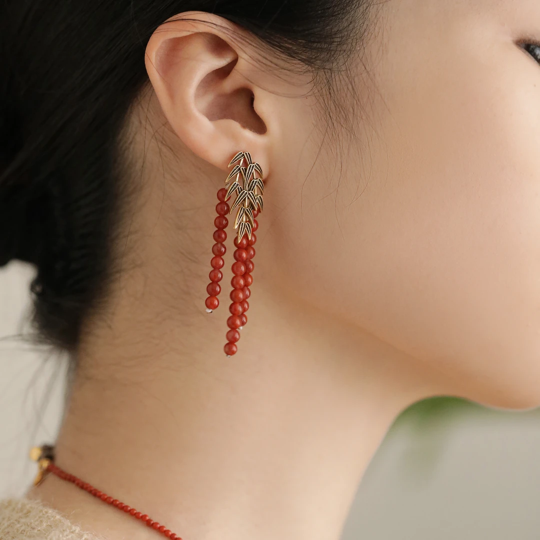 925银耳饰 E22343 竹叶红红串珠流苏耳环
