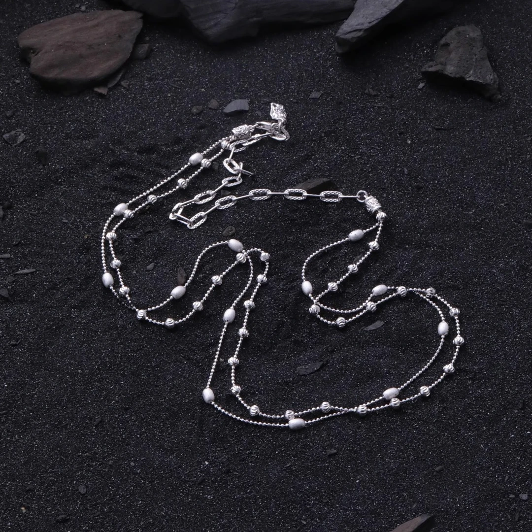 链子925银 N17397 车花月亮珠拉丝米珠豆豆双层项链