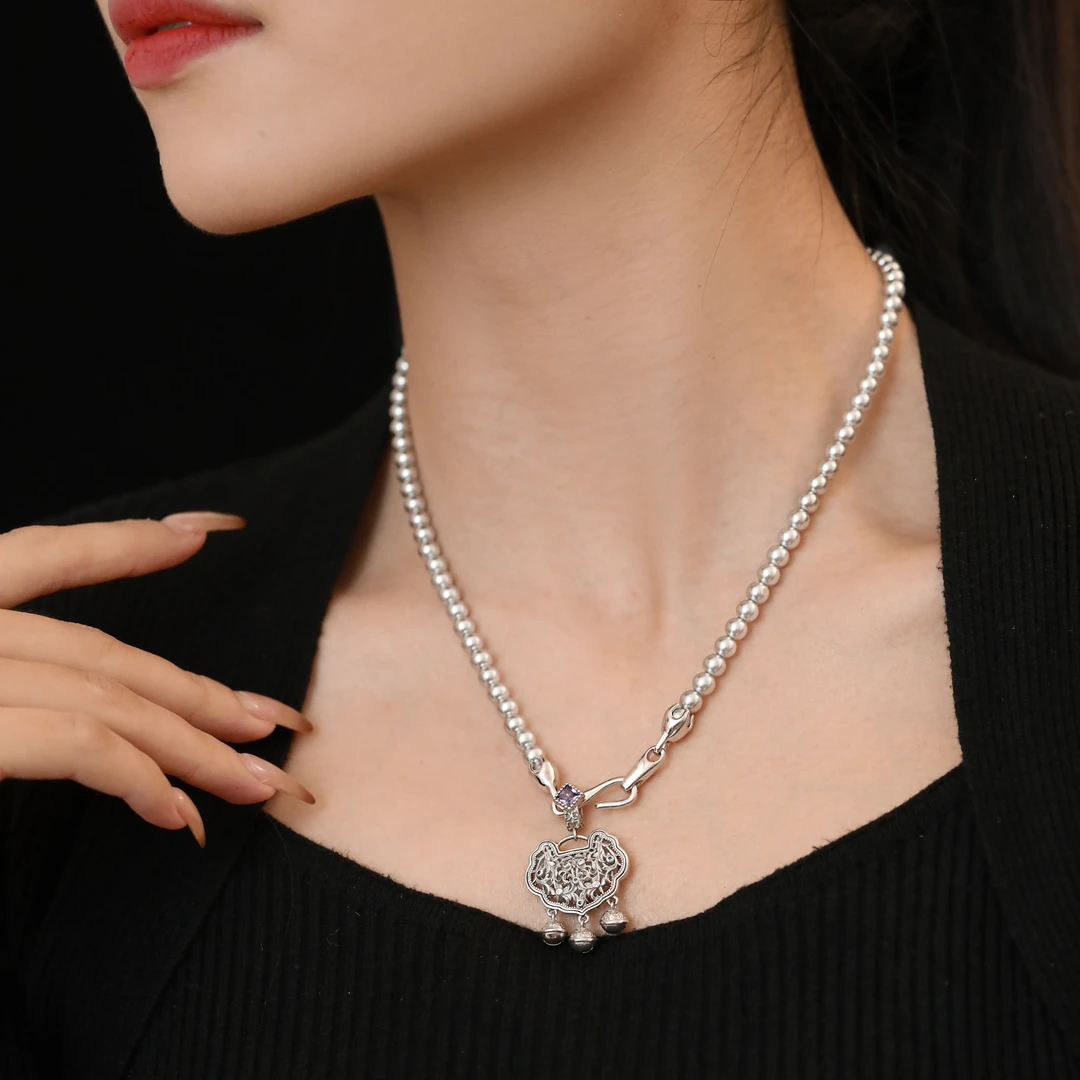 链子925银 N14704<bo金灰>施家晶晶珠鱼钩项链锁骨链个性时尚饰品