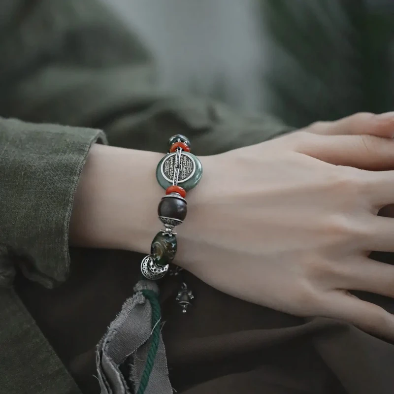 925银手链 S08001 山鬼花钱平安扣布条手链