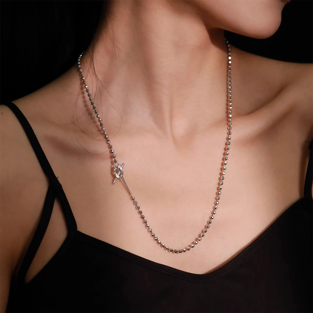 链子925银 N11603<素链>切面方珠链条唐草纹OT扣项链女国风锁骨链