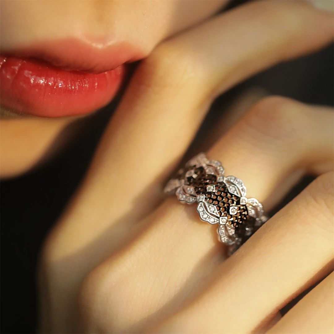 925银戒指 银芒925银蕾丝波浪黑天鹅宽戒指女简约小众设计