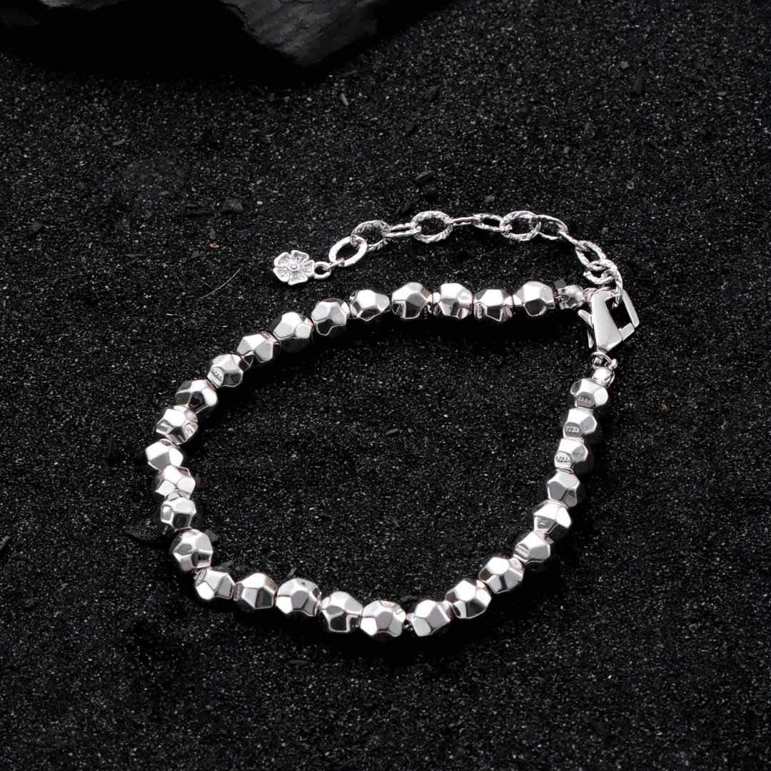 925银手链 S09127<碎银几两>电白肌理光面碎银珠珠手链 无相珠