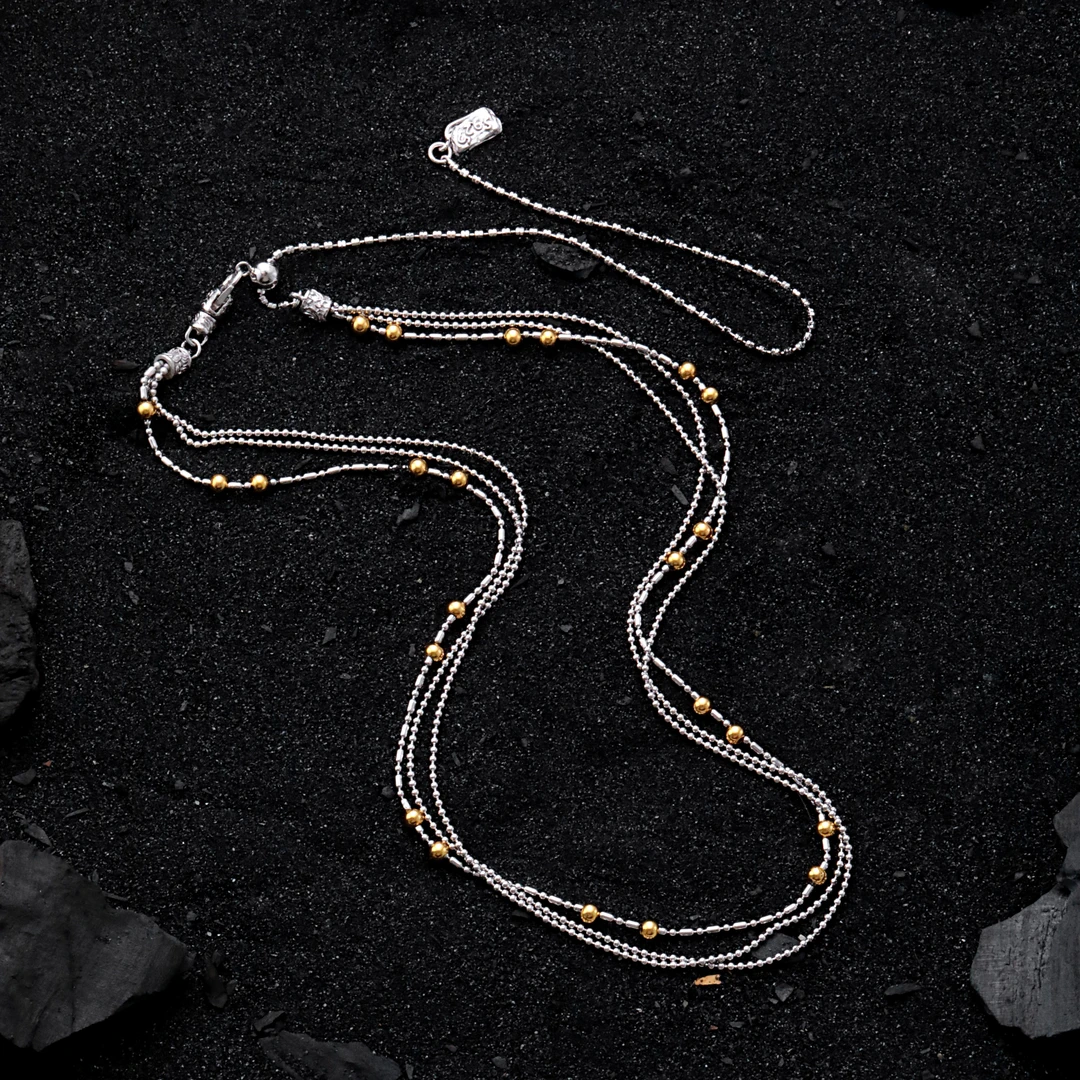 链子925银 N17146 金银拼色车花圆珠豆豆链条多层项链