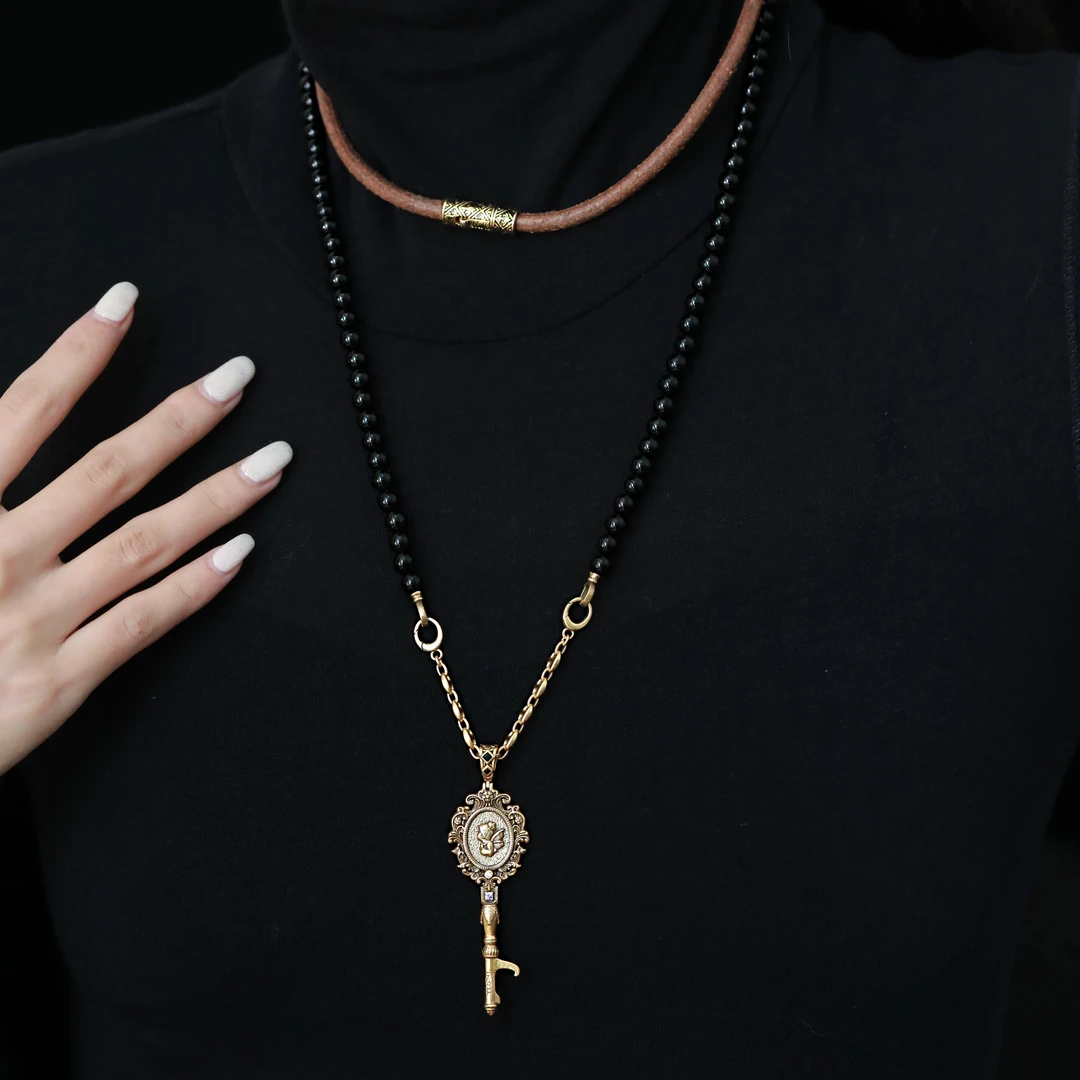 链子925银 N14788 黑曜珠珠双扣项链 约55CM