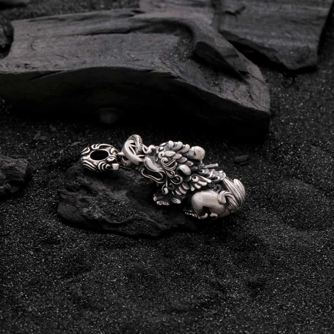 吊坠足银 M8074 复古做旧貔貅吞米兽吊坠