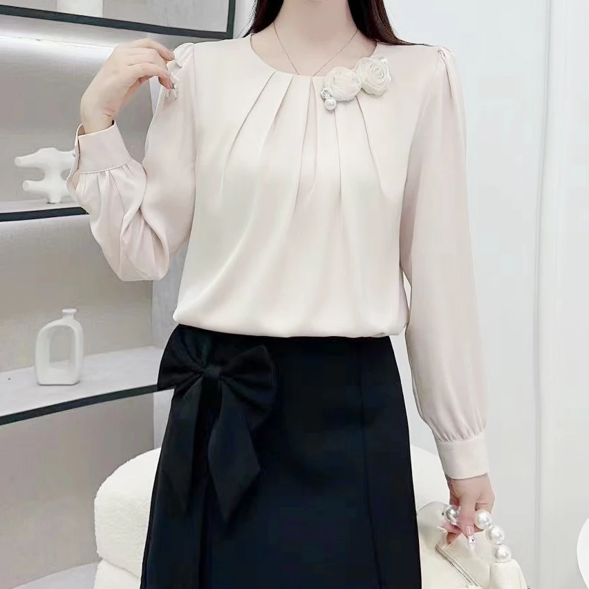 2024春秋新款缎面女装休闲打底衫长袖衬衫上衣小众设计感气质百搭