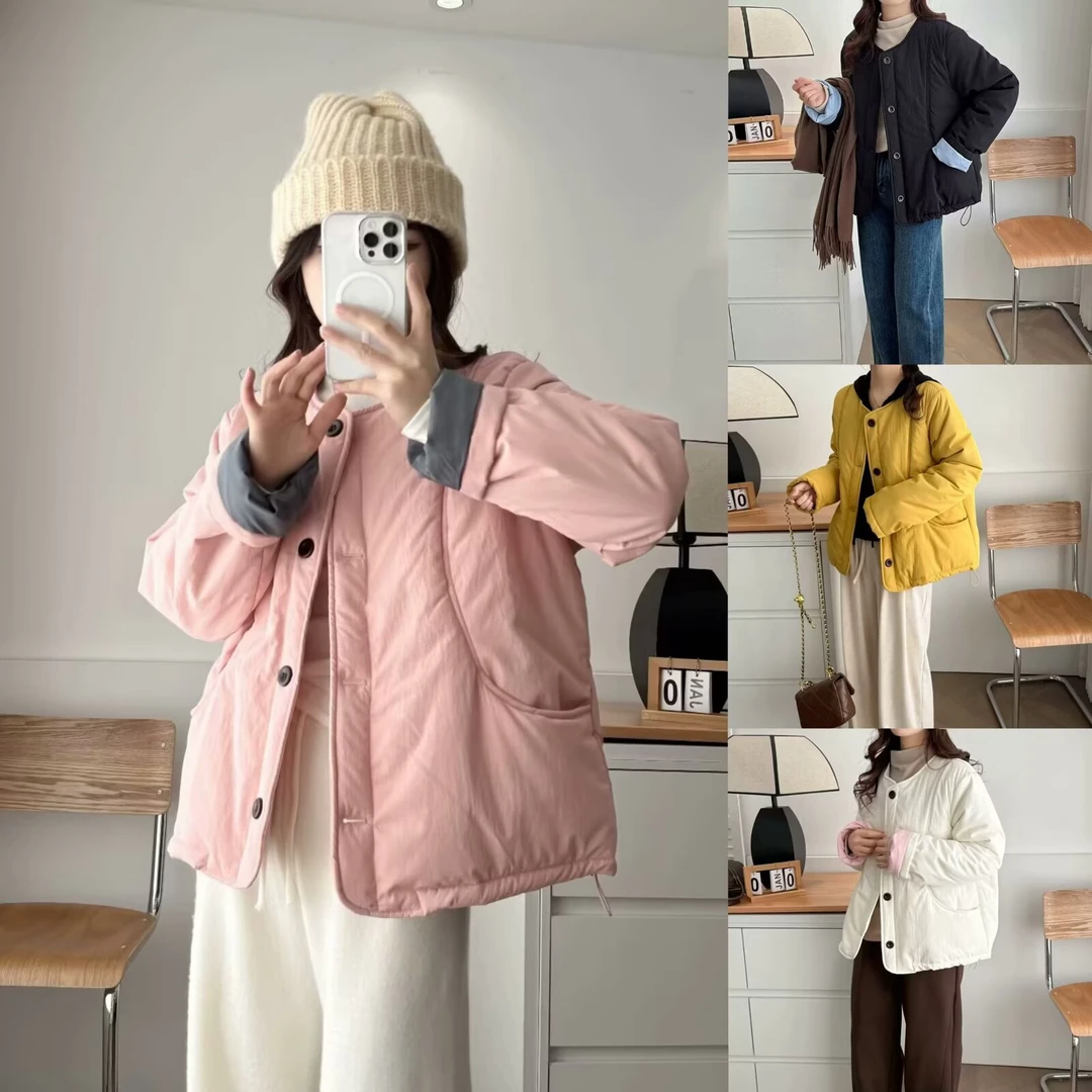 【阿甜大码】冬季2024新款宽松保暖小个子短款糖果色撞色棉服