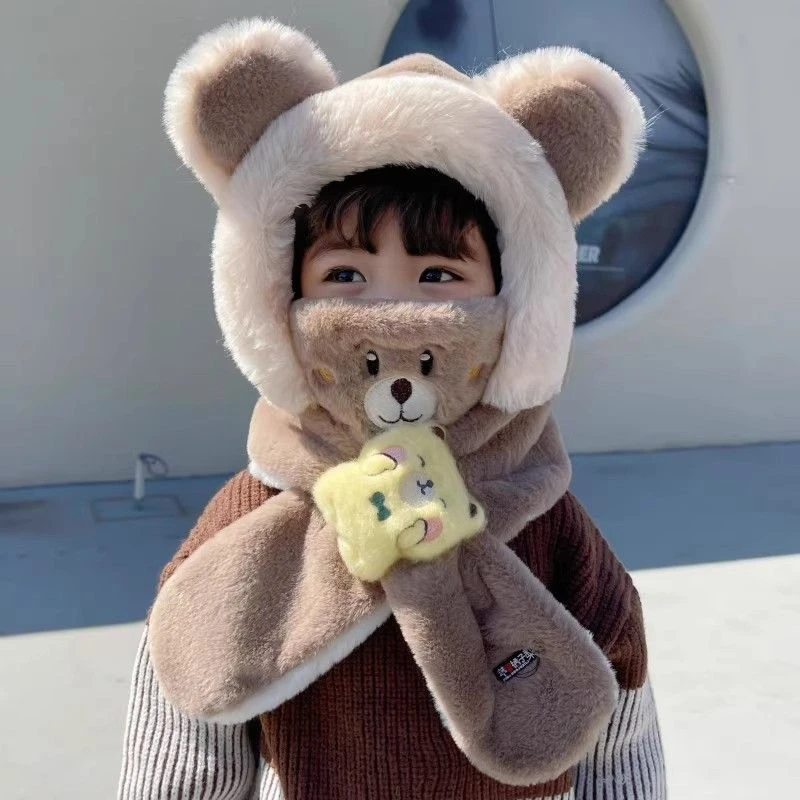 儿童帽子围巾一体冬季男女童加绒保暖防寒风护耳宝宝带口罩毛绒帽