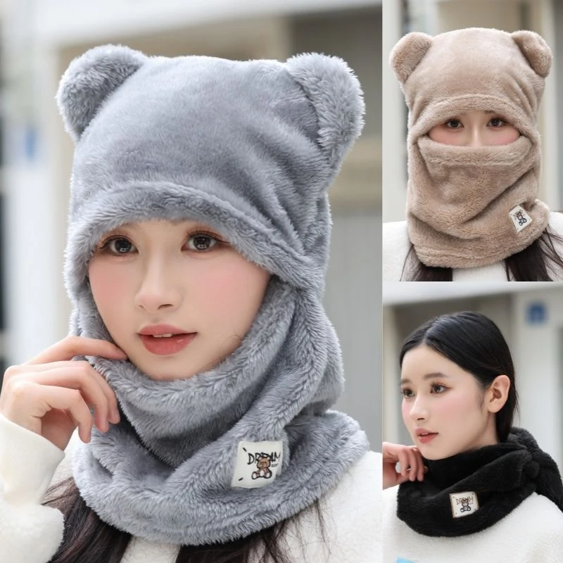 新款帽子围脖面罩一体多用骑车防寒加绒头盔帽卫衣帽护耳包头帽子