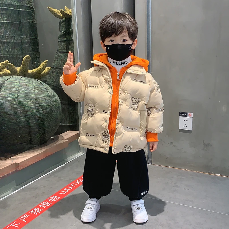 男童冬装加厚棉衣2023款压印小熊儿童连帽棉衣小孩休闲洋气棉服潮