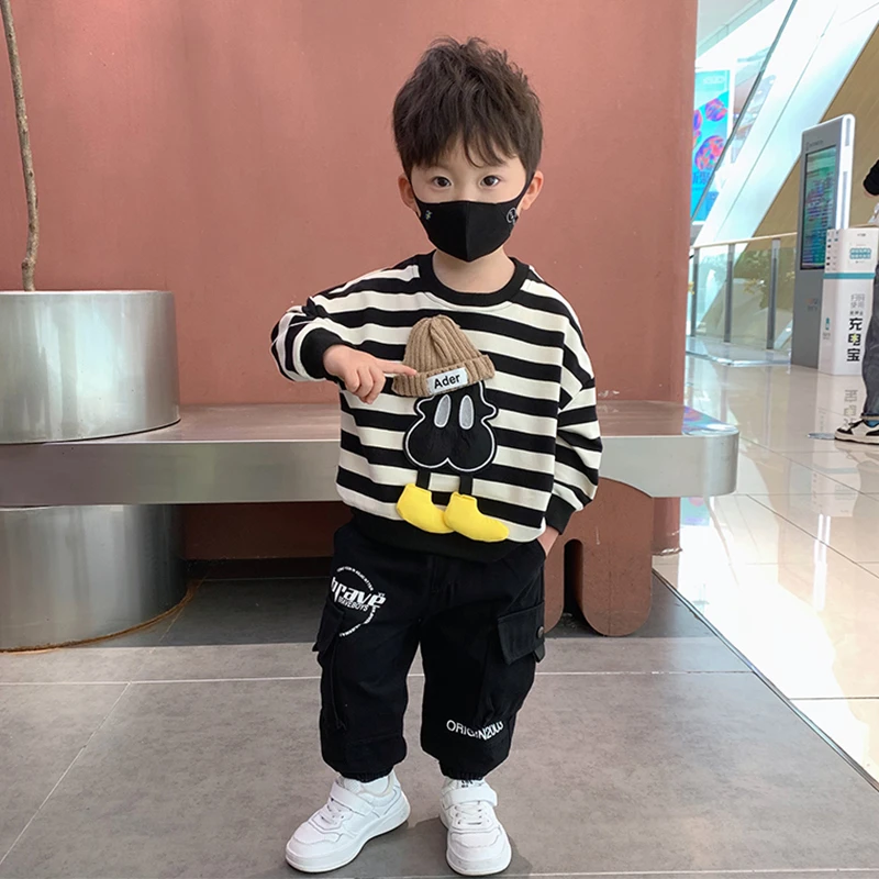 男童条纹卫衣儿童春装2025新款韩版洋气两件套小孩休闲百搭套装