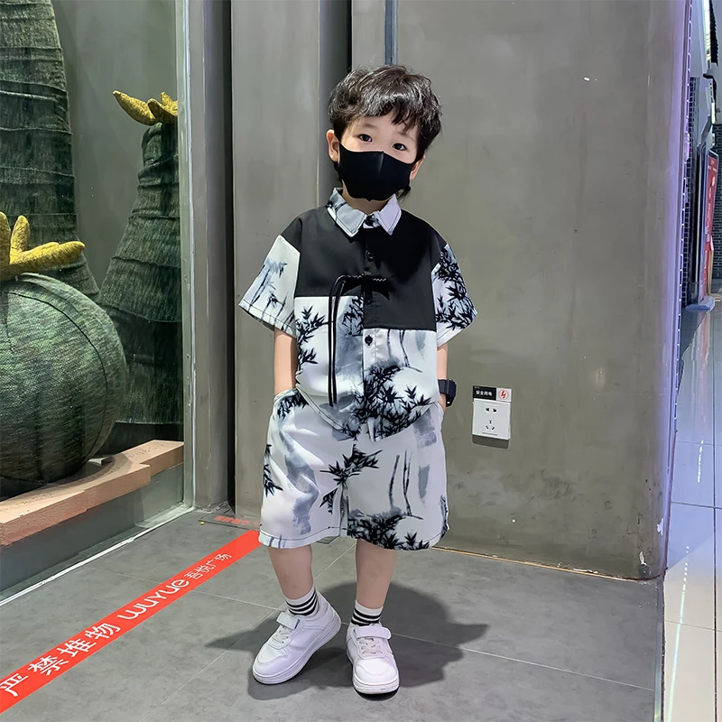 男童夏季洋气套装2025新中式宝宝潮短袖衬衫儿童薄汉服中国风唐装