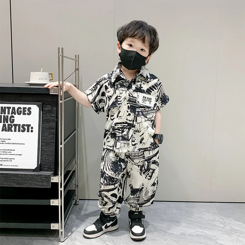 男童夏季薄款套装2024新款洋气小男孩短袖衬衫九分裤儿童时髦衣服