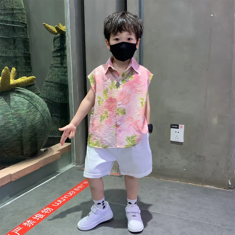 男童无袖衬衫套装夏季2025新款儿童洋气时髦潮流小童砍袖痞帅夏装