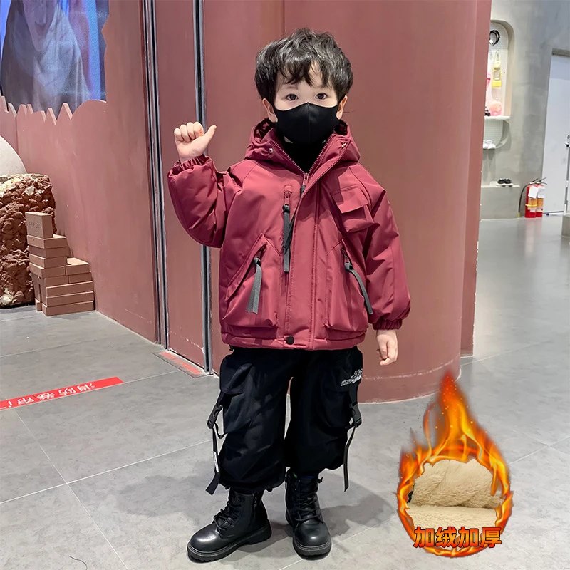 男童加绒外套儿童冲锋衣加厚2024新款男宝宝时髦帅气棉衣冬季棉服