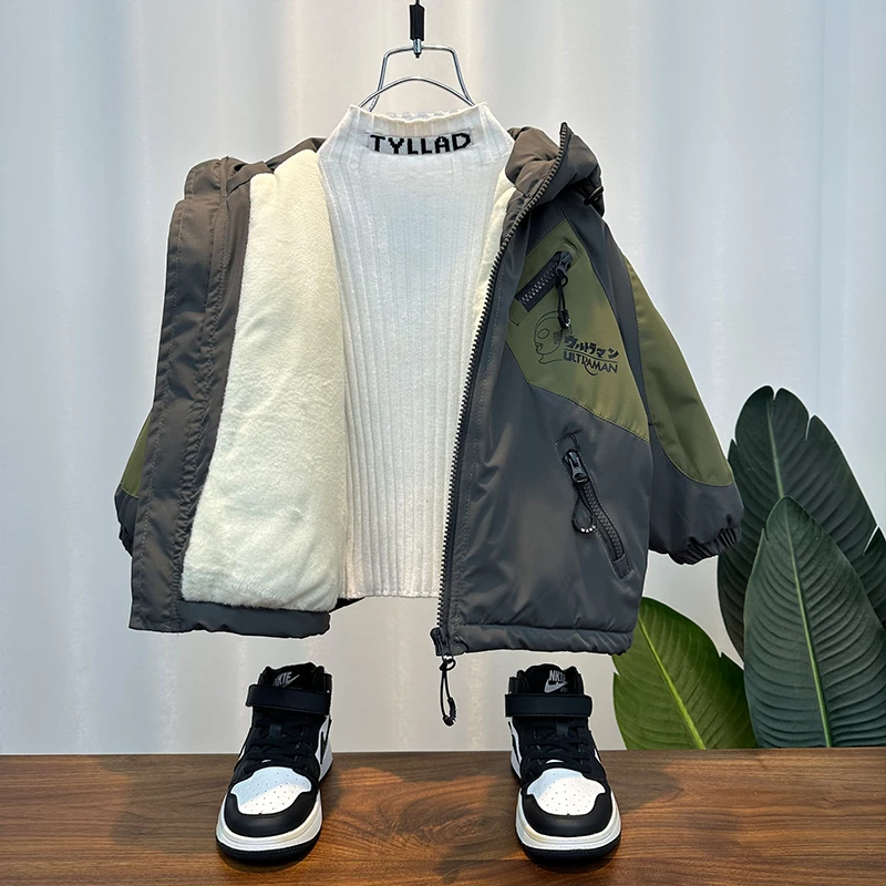 奥特曼ip款男童冬装加绒加厚连帽外套2023儿童潮帅中长款棉服上衣