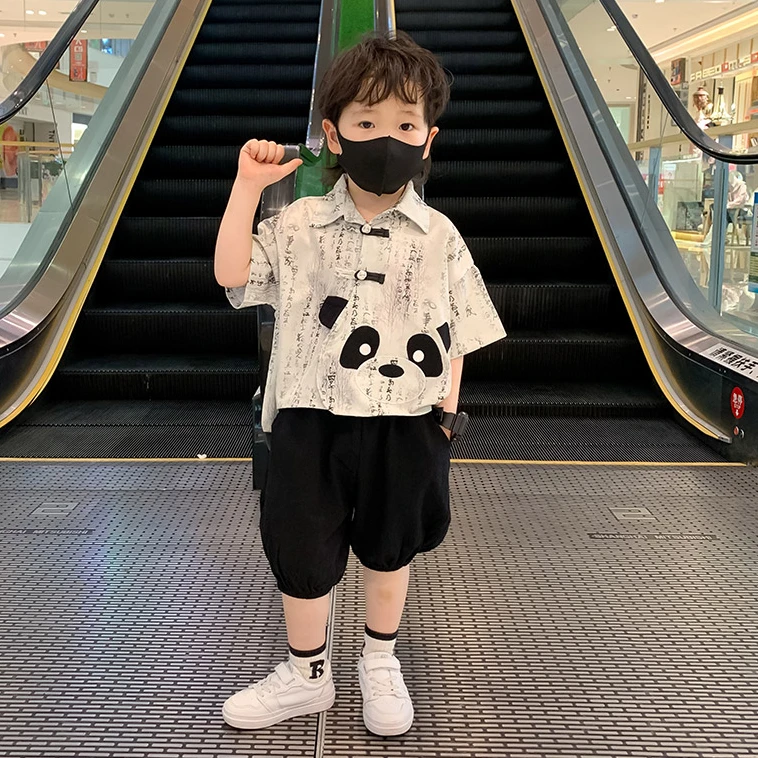 儿童夏款男童夏季薄款古风熊猫汉服宝宝夏装中国风洋气唐装两件套