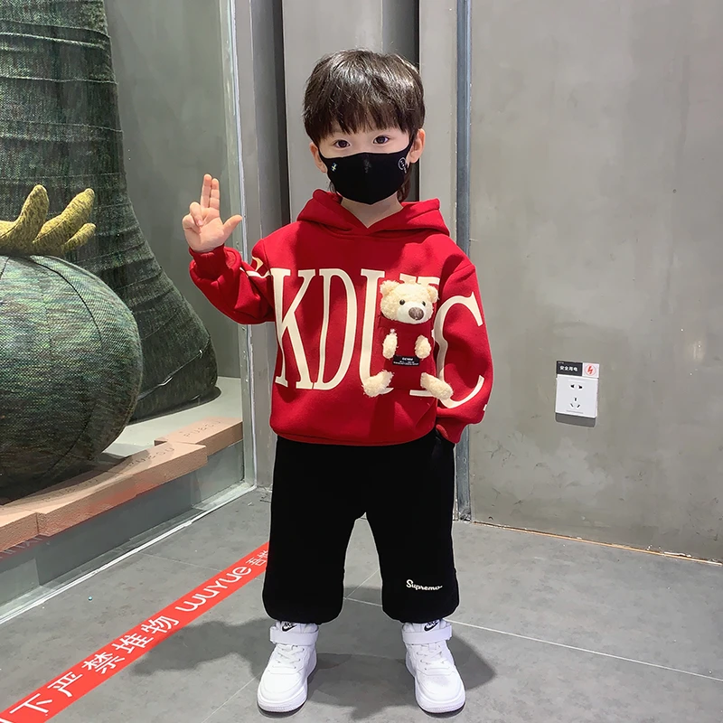 男童挂小熊春装连帽卫衣套装2025儿童春秋洋气两件套卡通时尚童装