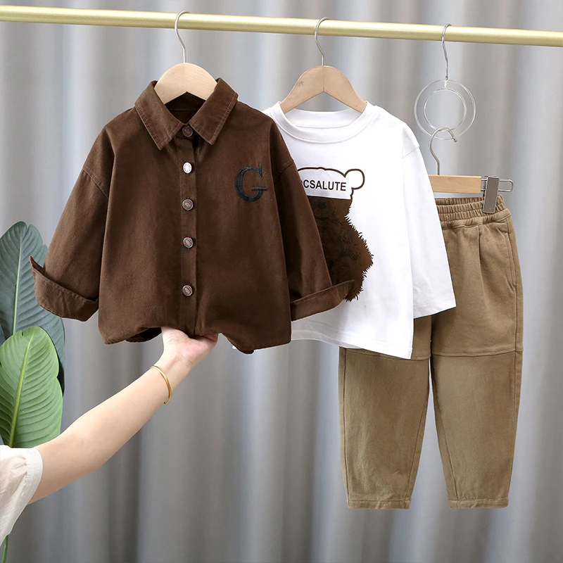 儿童春秋装套装长袖衬衫2025款男童衬衣T恤休闲潮童装时尚三件套