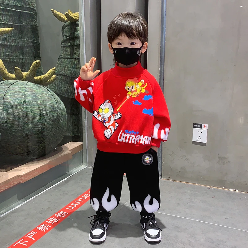 奥特曼秋冬装男童加绒卫衣套装2023卡通儿童保暖洋气两件套潮童装