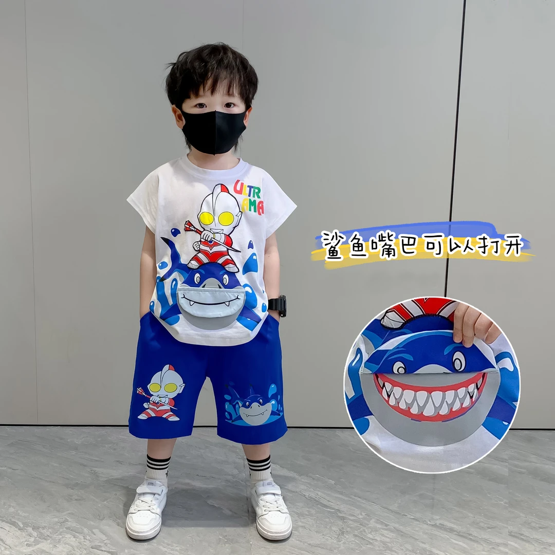 男童奥特曼套装夏季2025新款洋气男宝宝亮灯卡通无袖短裤两件套潮