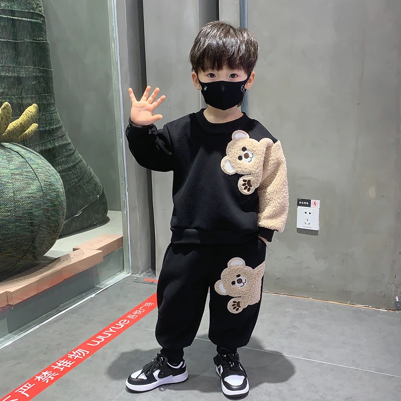 男童套装加绒卫衣秋冬装2023款小熊卡通儿童休闲洋气两件套潮童装