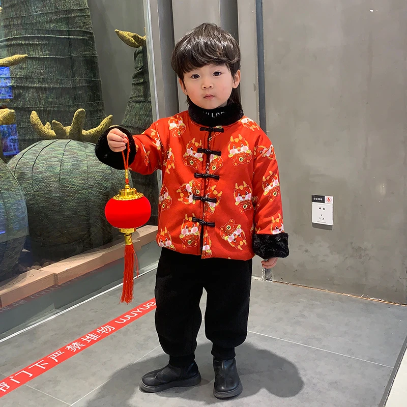 儿童喜庆年服名族风盘扣加绒套装男童国潮风拜年服宝宝厚冬季衣服