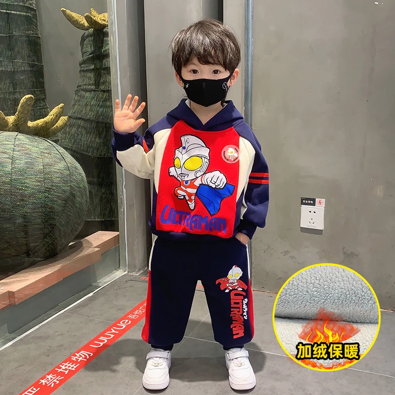 男童秋冬卫衣套装奥特曼2023儿童拼色连帽加绒两件套潮帅小孩童装
