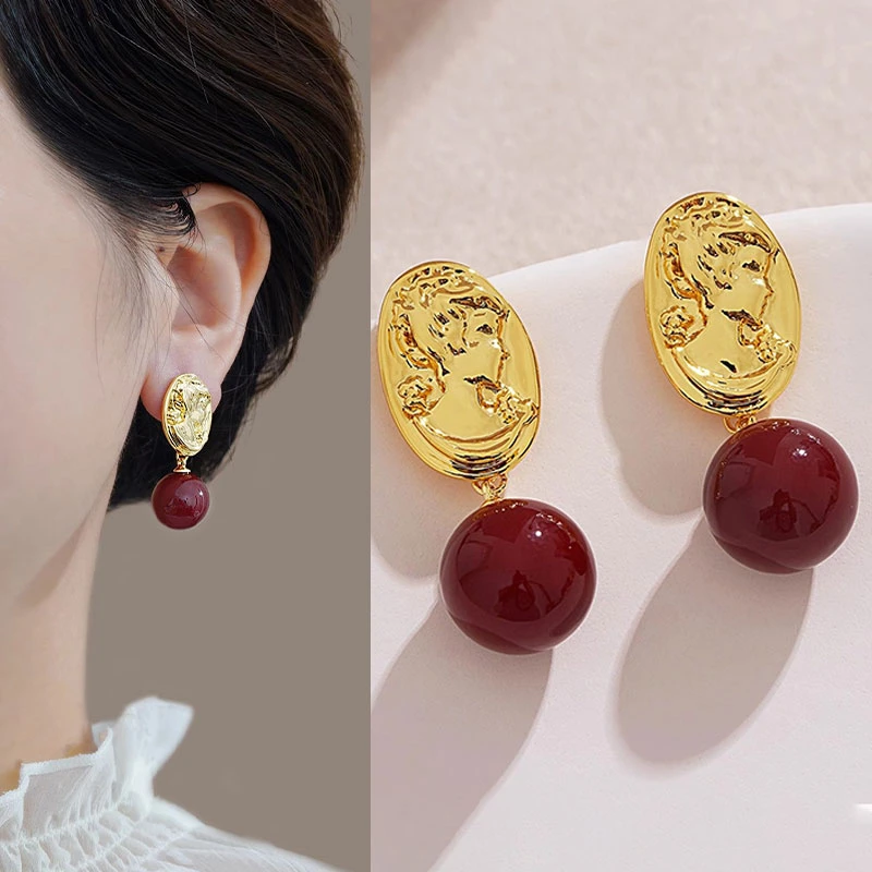 独特设计感中古风复古酒红色球球耳坠秋冬新款高级感美人耳环4257
