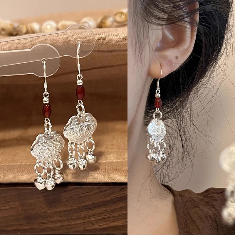银针耳饰 民族风平安锁耳坠铃铛流苏长款耳环女气质高级感5443