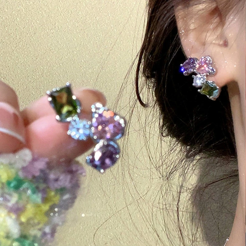 925银针耳饰 几何微镶彩锆耳钉轻奢高级感独特耳环爆款耳饰女3229