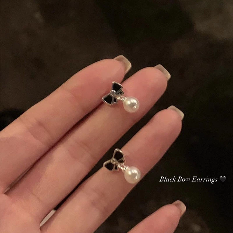 925银针耳饰小香风黑色蝴蝶结耳钉小众设计ins耳环无耳洞耳夹3620