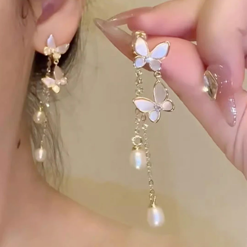 仿珍珠耳环耳坠温柔法式蝴蝶长款高级感轻奢耳饰耳环耳钉4103