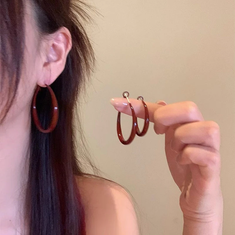 复古港风红耳圈素圈耳环女高级感耳钉女气质耳扣耳饰4391