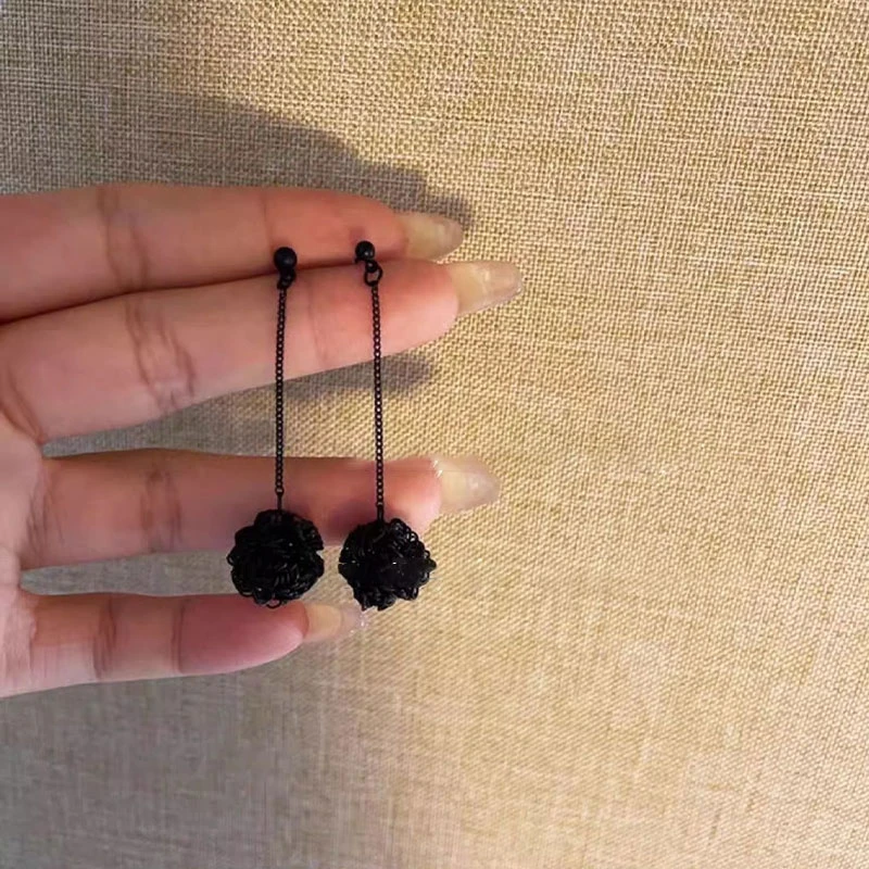 哑黑杨梅球流苏耳坠 显脸瘦925银针耳钉简约耳环爆款独特耳饰4688