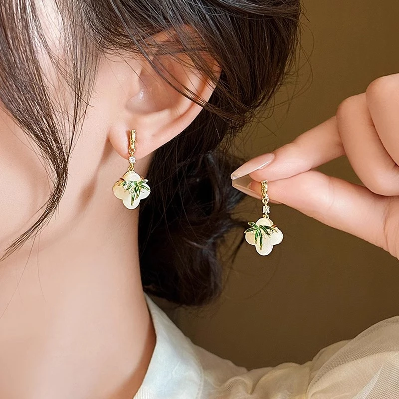 国风翠竹锆石耳钉女新款爆款925银针设计感小众耳环耳饰4456