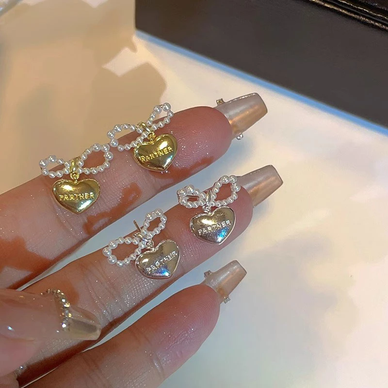 爱心耳钉女925银针耳环新款气质高级感小众仿珍珠蝴蝶结耳饰4236