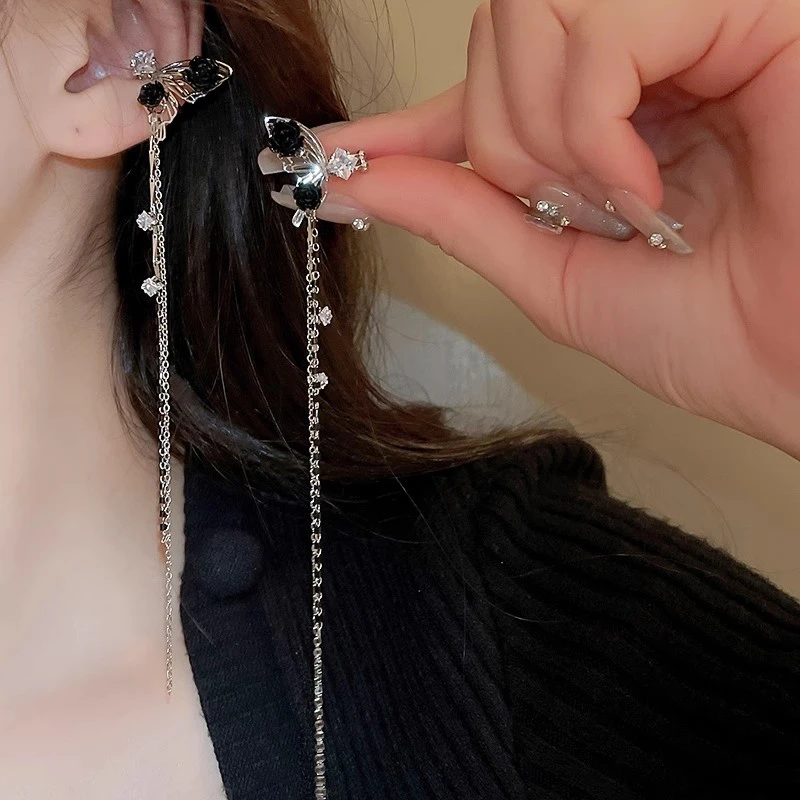 爆款黑色蝴蝶流苏高级感 耳夹无耳洞女新款耳骨夹小众ins耳饰6192